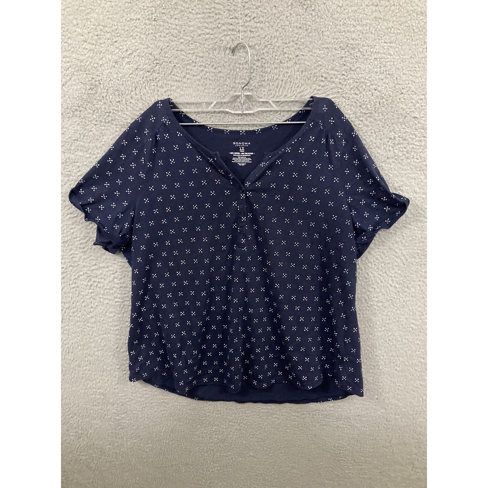 Sonoma Shirt Womens 1X Blue Geometric Short Sleeve‎ V Neck Top Stretch Cotton